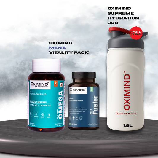 Oximind Men's Vitality Pack – Ultimate Omega + Men's Fueler for Peak Performance(1 month supply) + Free 1.8 L Oximind Hydration jug