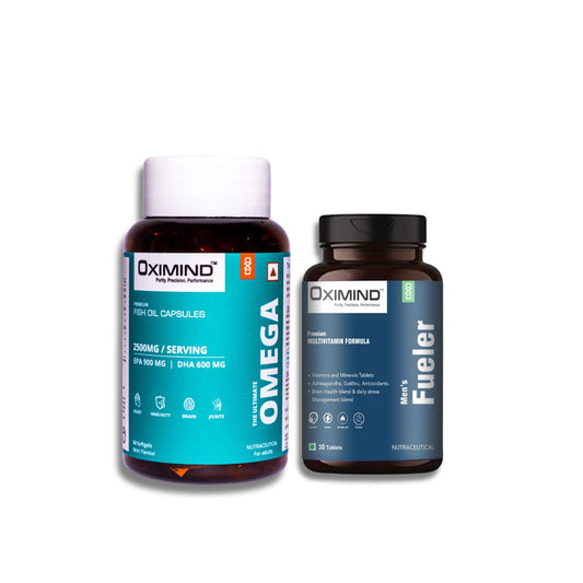 Oximind Men's Vitality Pack – Ultimate Omega + Men's Fueler for Peak Performance(1 month supply) + Free 1.8 L Oximind Hydration jug