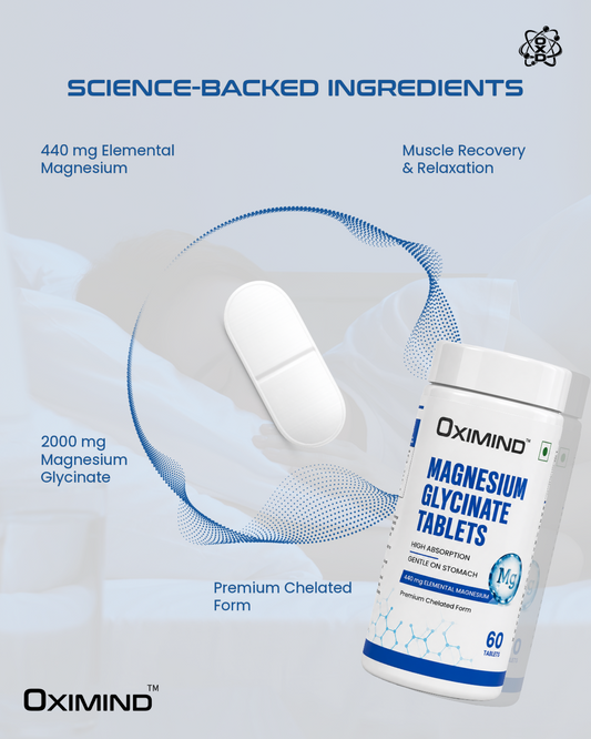 Oximind CalmCore Magnesium Glycinate Tablets | 2000mg Chelated Magnesium Glycinate | 440mg Elemental Magnesium | 60 Tablets